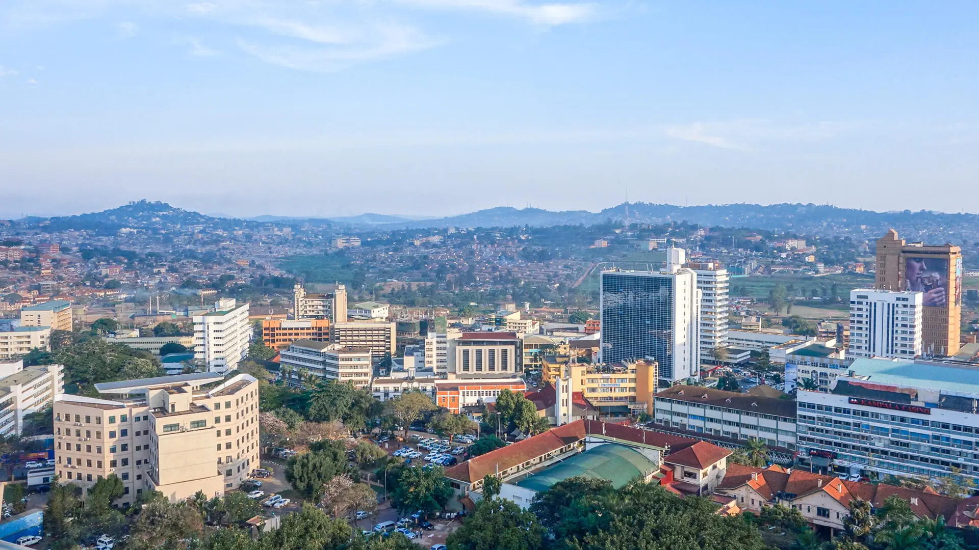 Kampala city skyline with green hills on the horizon