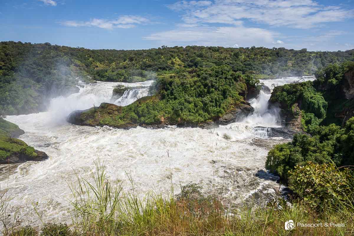 Murchison Falls thundering through a green gorge on the Victoria Nile